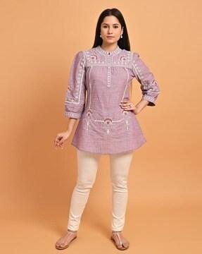 women embroidered a-line tunic with mandarin collar