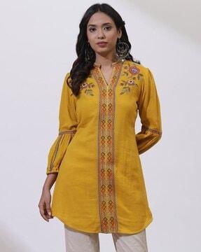 women embroidered a-line tunic with mandarin collar