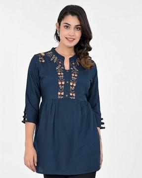 women embroidered a-line tunic with mandarin collar