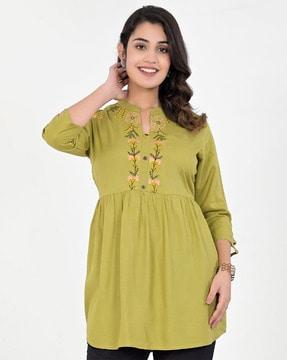 women embroidered a-line tunic with mandarin collar