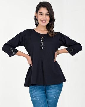 women embroidered a-line tunic with round neck