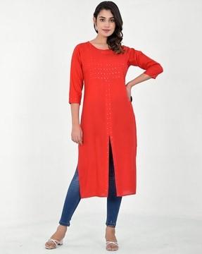 women embroidered a-line tunic with round neck