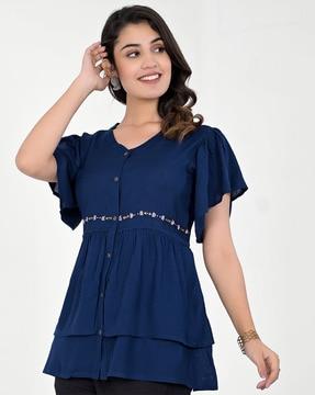 women embroidered a-line tunic with v-neck
