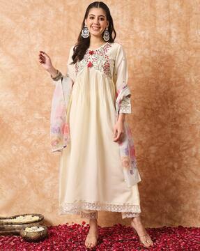 women embroidered anarkali kurta set with dupatta