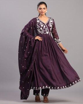 women embroidered anarkali kurta set with dupatta