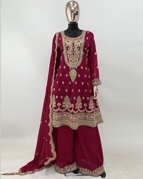 women embroidered anarkali kurta with palazzos & dupatta