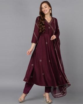 women embroidered anarkali kurta with pants & dupatta