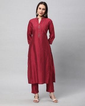 women embroidered back darts straight kurta