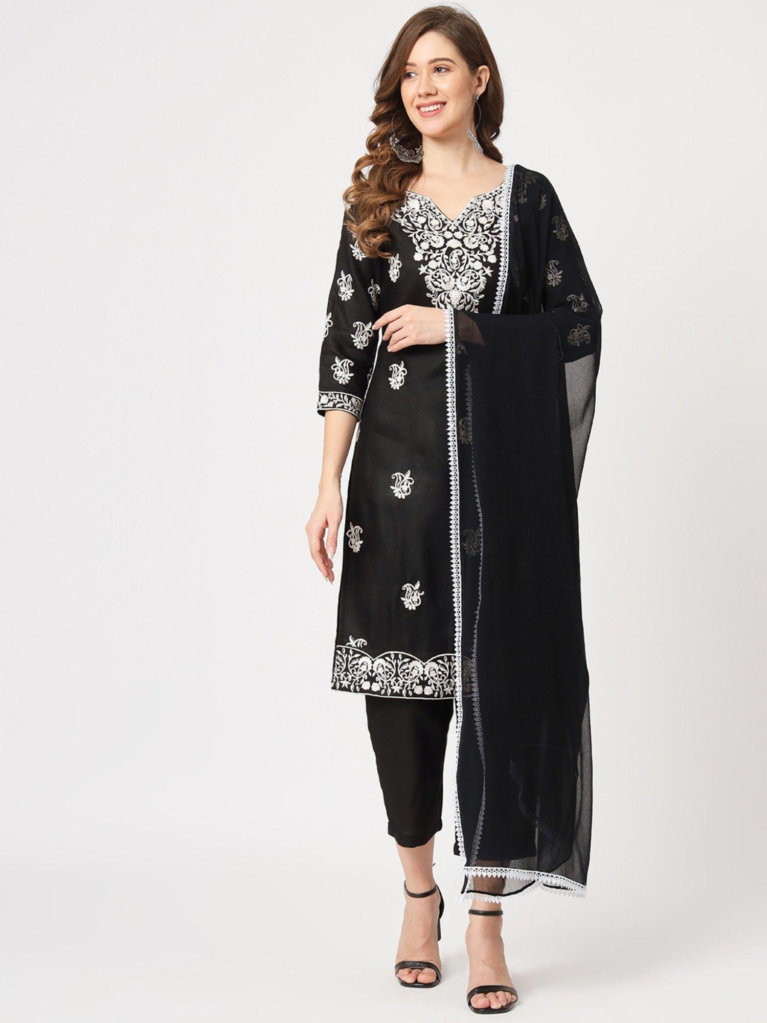 women embroidered black kurta with matching pant and lace detailed dupatta (set of 3)