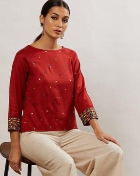 women embroidered boat-neck top