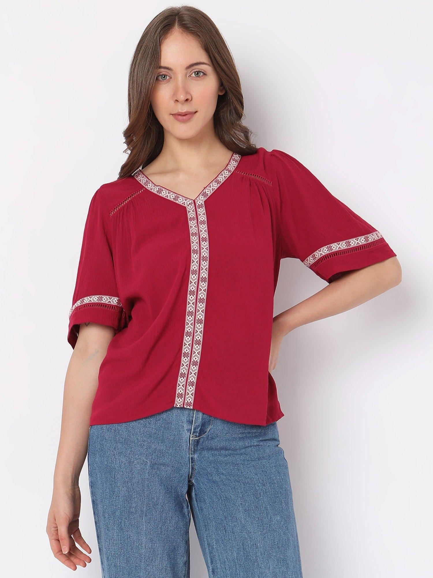 women embroidered casual wear red top