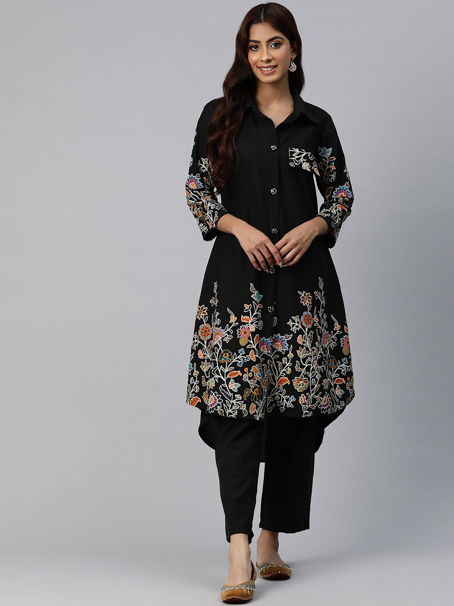 women embroidered co-ord-black (set of 2)