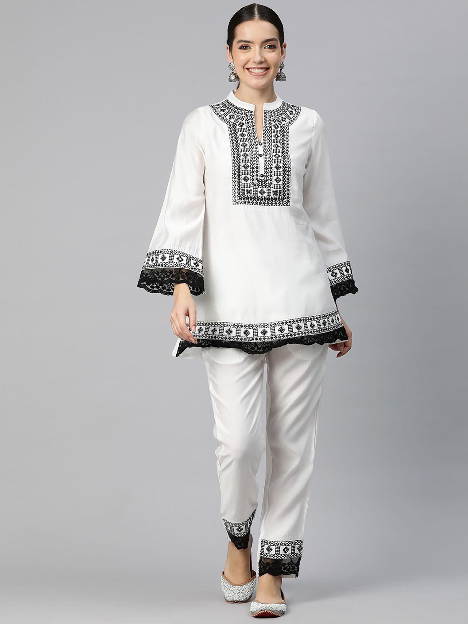 women embroidered co-ord-white (set of 2)