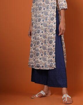women embroidered cotton palazzos with semi-elasticated waist