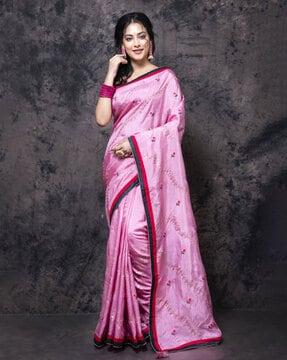 women embroidered cotton saree with tassels