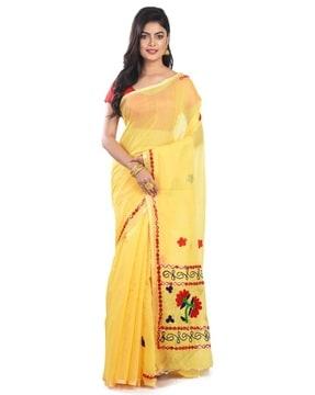 women embroidered cotton saree with tassels