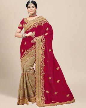 women embroidered crepe saree with patch border