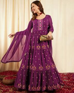 women embroidered fit & flare dress with dupatta