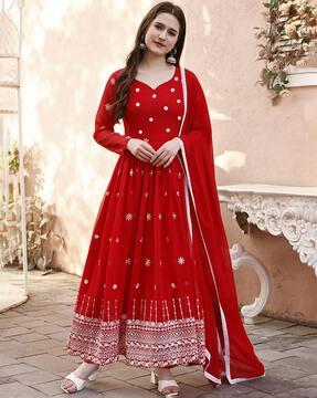 women embroidered fit & flare dress with dupatta