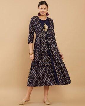 women embroidered fit & flare dress with shrug