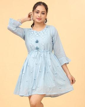 women embroidered fit and flare dress