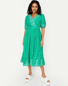 women embroidered fit and flare dress