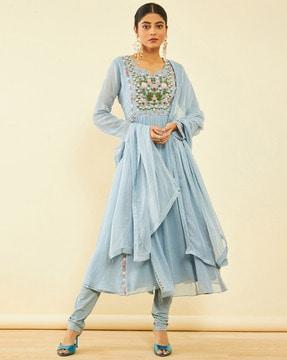 women embroidered flared kurta & churidars with dupatta