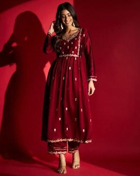 women embroidered flared kurta & pants set