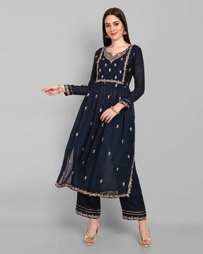 women embroidered flared kurta & pants set