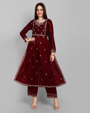 women embroidered flared kurta & pants set