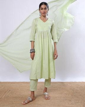 women embroidered flared kurta & pants with dupatta