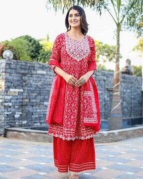 women embroidered flared kurta & shararas with dupatta