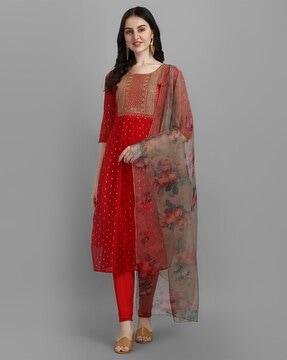 women embroidered flared kurta pants & dupatta set