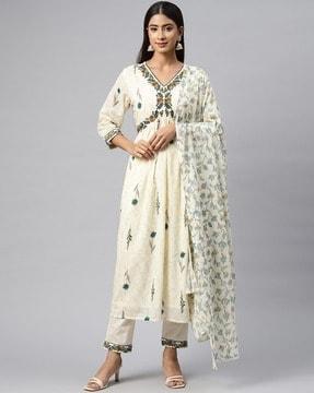 women embroidered flared kurta set with dupatta