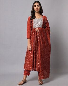 women embroidered flared kurta set with dupatta