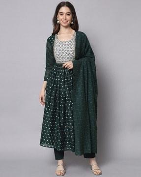 women embroidered flared kurta set with dupatta