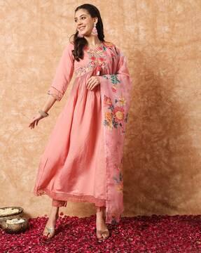 women embroidered flared kurta set with dupatta