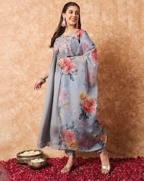 women embroidered flared kurta set with dupatta