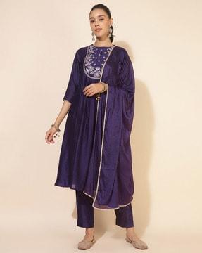 women embroidered flared kurta set with dupatta