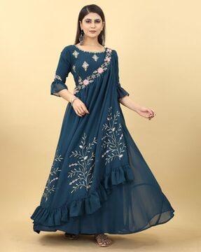 women embroidered flared kurta set with dupatta