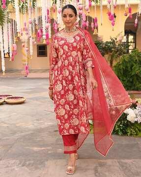 women embroidered flared kurta set