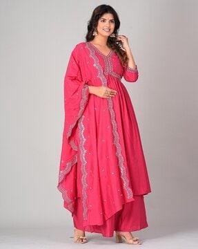 women embroidered flared kurta set