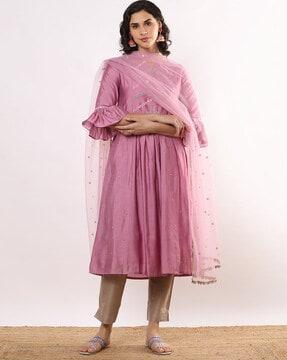 women embroidered flared kurta suit set