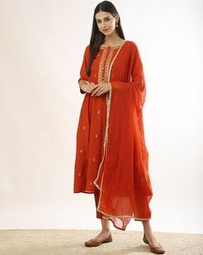 women embroidered flared kurta suit set