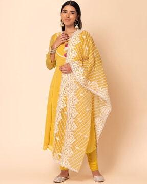 women embroidered flared kurta suit set