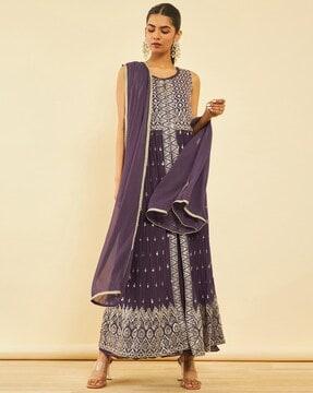 women embroidered flared kurta suit set