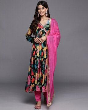 women embroidered flared kurta suit set