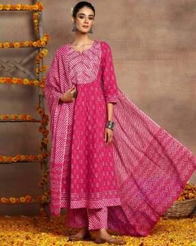 women embroidered flared kurta suit set