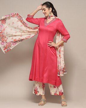 women embroidered flared kurta with palazzos & dupatta