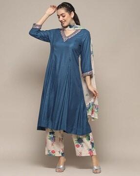 women embroidered flared kurta with palazzos & dupatta